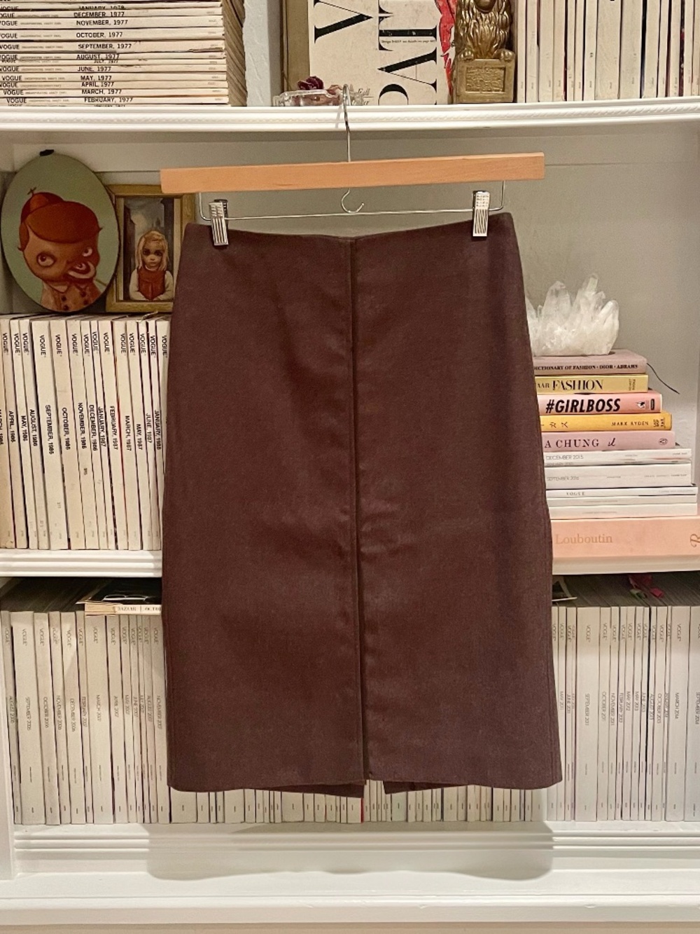 SOYUN Brown Wool Pencil Skirt 90s Leather Stripe Minimalism NWT Rachel Monica